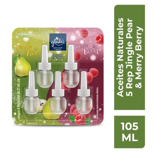 Aromatizante Glade Edición Limitada Aceites Naturales 5 Repuestos Dulce Jingle Pear y Merry Berry de 21 ml c/u