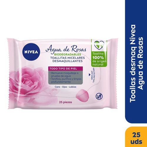 Toallas Desmaquillante Micelares Nivea Agua De Rosas, Cara, Ojos Y Labios - 25Uds