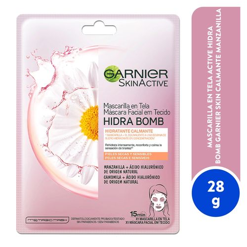 Mascarilla En Tela Active Hidra Bomb Garnier Skin - Calmante Manzanilla -28gr
