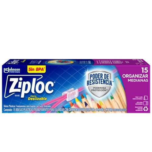 Bolsas Plásticas Reutilizables Ziploc para Guardar y Organizar Cierre Fácil, 15 Bolsas Tamaño Mediano