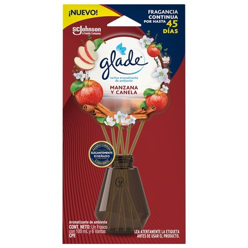 Aromatizante Glade Varitas Manzana Canela Frasco con 100 ml y 6 Varitas