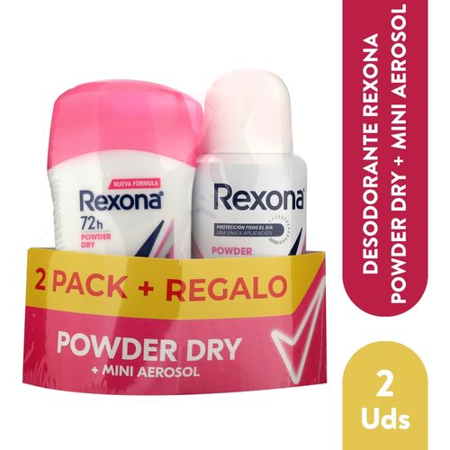 Desodorante Rexona powder dry 2 Pack en barra más mini aerosol