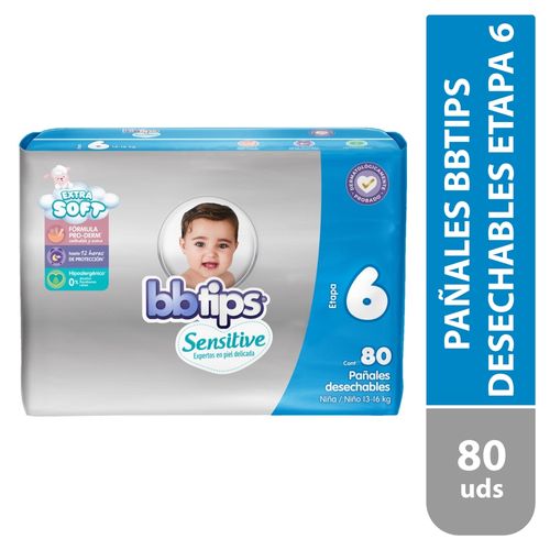 Pañal BBTips Sensitive bebé talla 6 XG -80 Uds