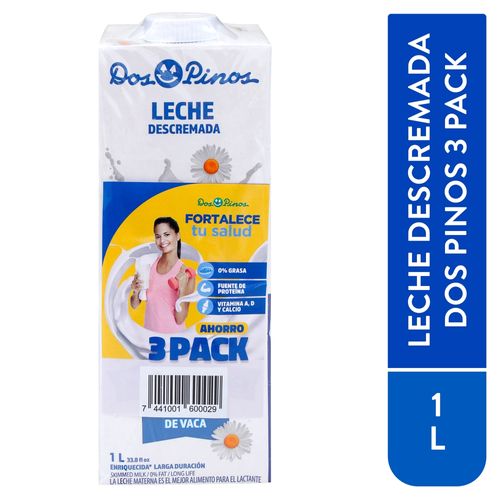 Leche Dos Pinos Descremada, Enriquecida Con Hierro 3 Pack - 1Lt