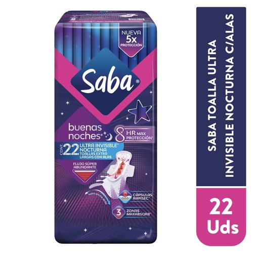 Toallas Femeninas Saba, nocturnas, Ultra Invisible Ultradelgada, Flujo Súper Abundante Con Alas - 22 Uds