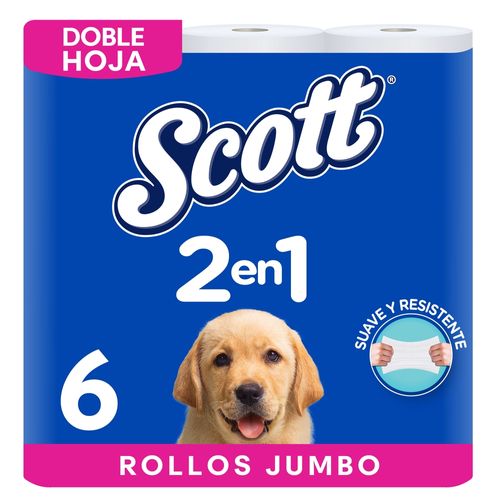 Papel Higiénico Scott 2 en 1 Jumbo Doble Hoja - 6 rollos