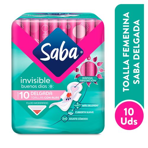 Toallas Femeninas Saba Invisible Delgada Flujo Moderado Con Alas - 10 Uds