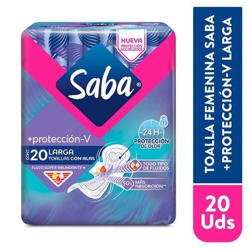 Toallas Sanitarias Saba Más protección-V Largas Flujo Súper Abundante Con Alas - 20Uds