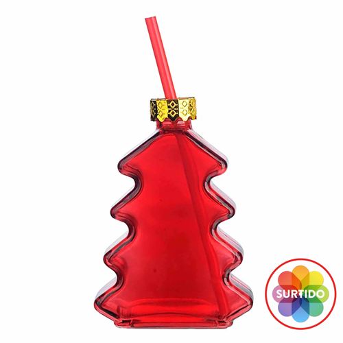 Vaso Holiday Time en forma de pinito de vidrio con tapa y pajilla - 290 ml