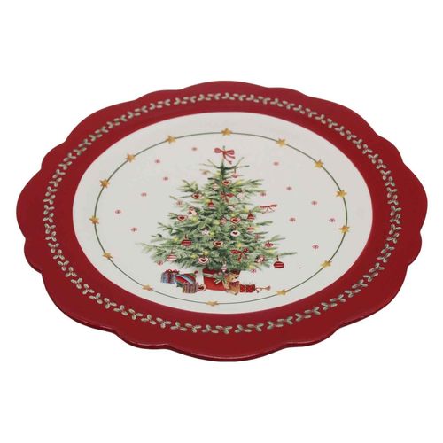 Plato Holiday Time redondo navideño de santa trineo dolomita - 26 cm